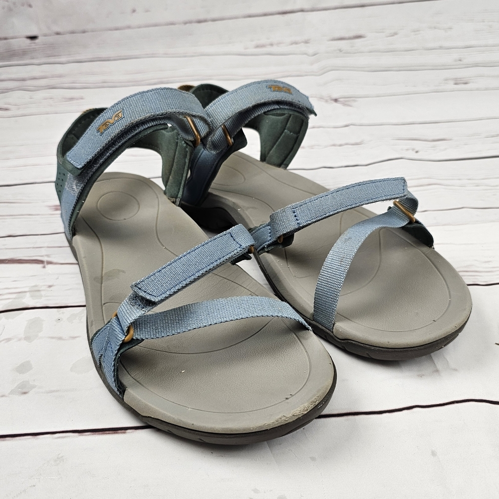 TEVA Verra Vegan Sandals Women’s Size 10 Blue Teal Gray Gold Strappy Hiking